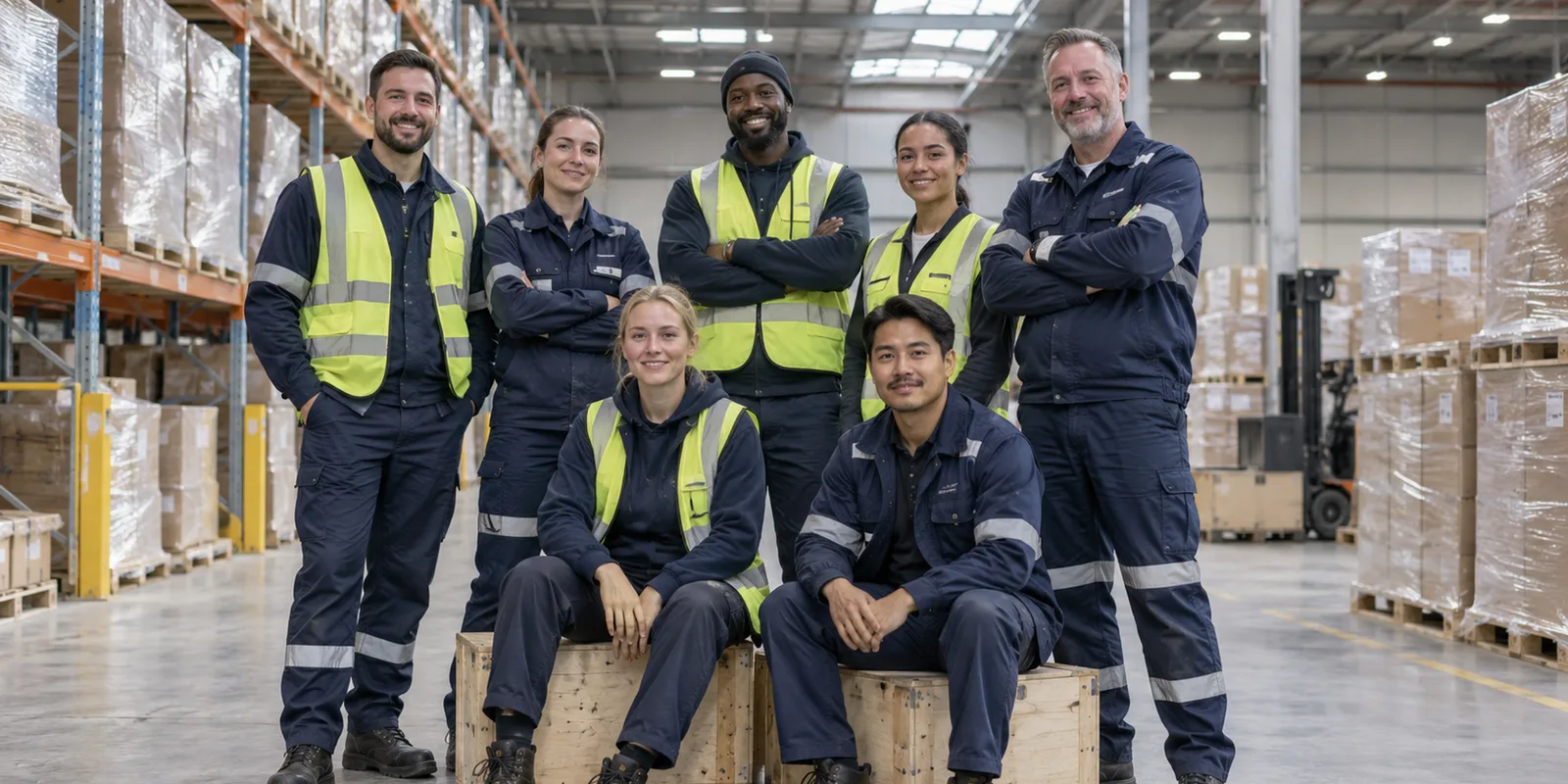 A warehouse team in navy workwear and high-visibility vests, with a range of body shapes