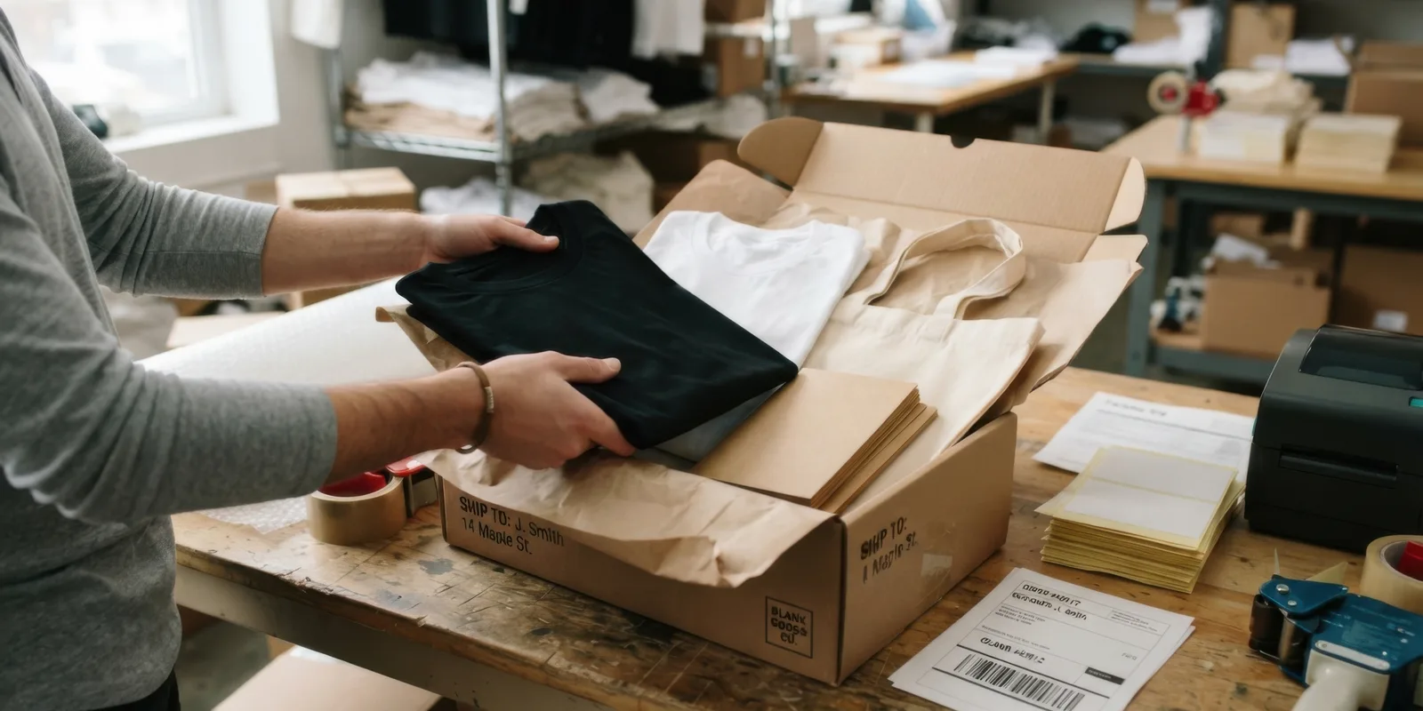 A black garment being placed back in its shipping box at an e-commerce packing station