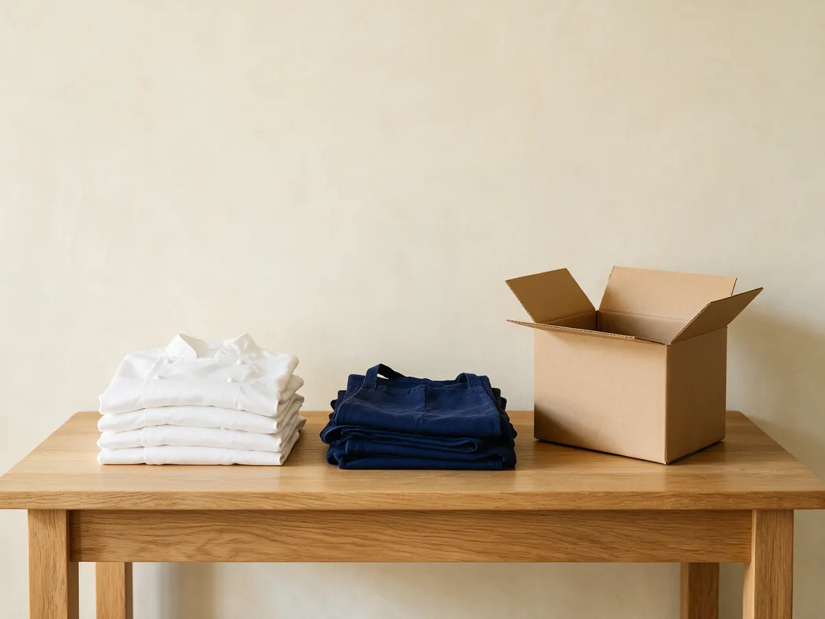 Pile de vestes de cuisine blanches pliées, pile de tabliers marine pliés et boîte kraft ouverte sur une table en chêne clair