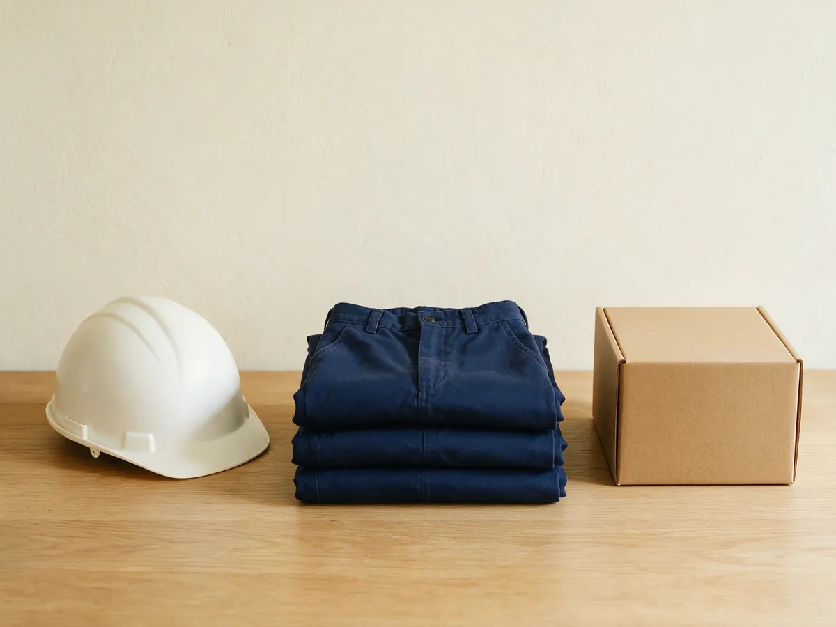 Casque de protection blanc, pile de pantalons de travail marine pliés et boîte kraft fermée, alignés sur une table en chêne clair