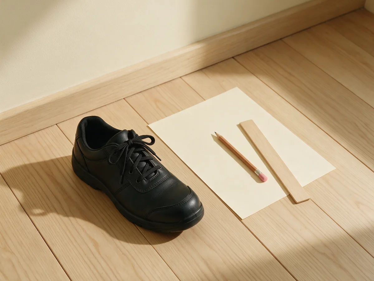Black safety shoe on a light wooden floor, next to a cream sheet of paper, a pencil and a wooden ruler