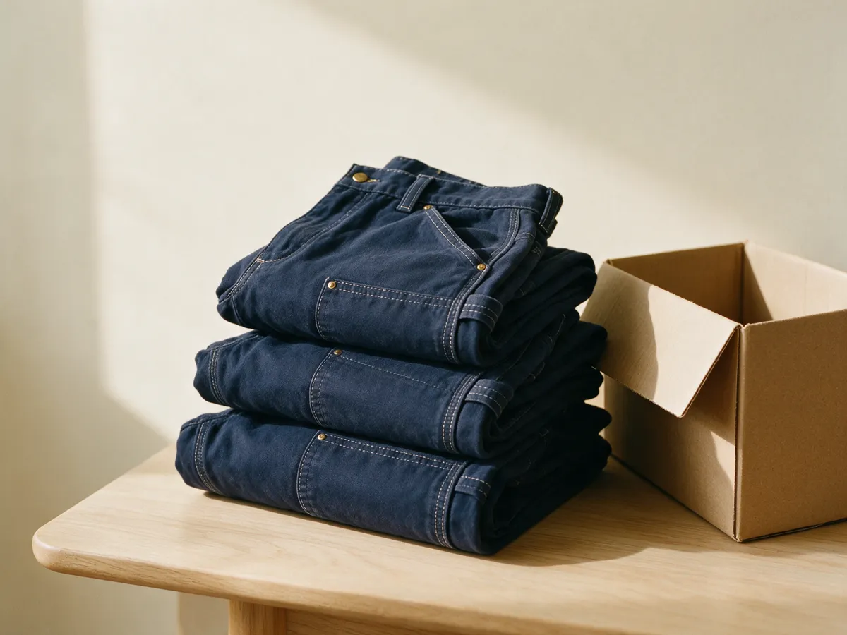 Pile de pantalons de travail marine pliés à côté d'un carton kraft ouvert, sur une table en bois clair