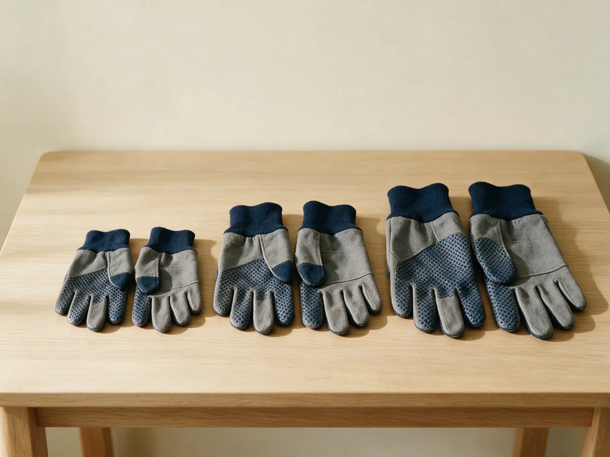 Three pairs of grey and navy work gloves, from smallest to largest, lined up on a light wooden table