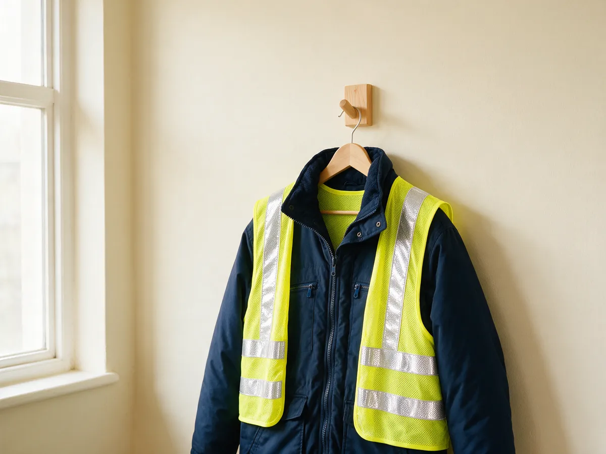 Gilet haute visibilité jaune à bandes réfléchissantes posé sur une parka marine, suspendus à un cintre en bois contre un mur crème