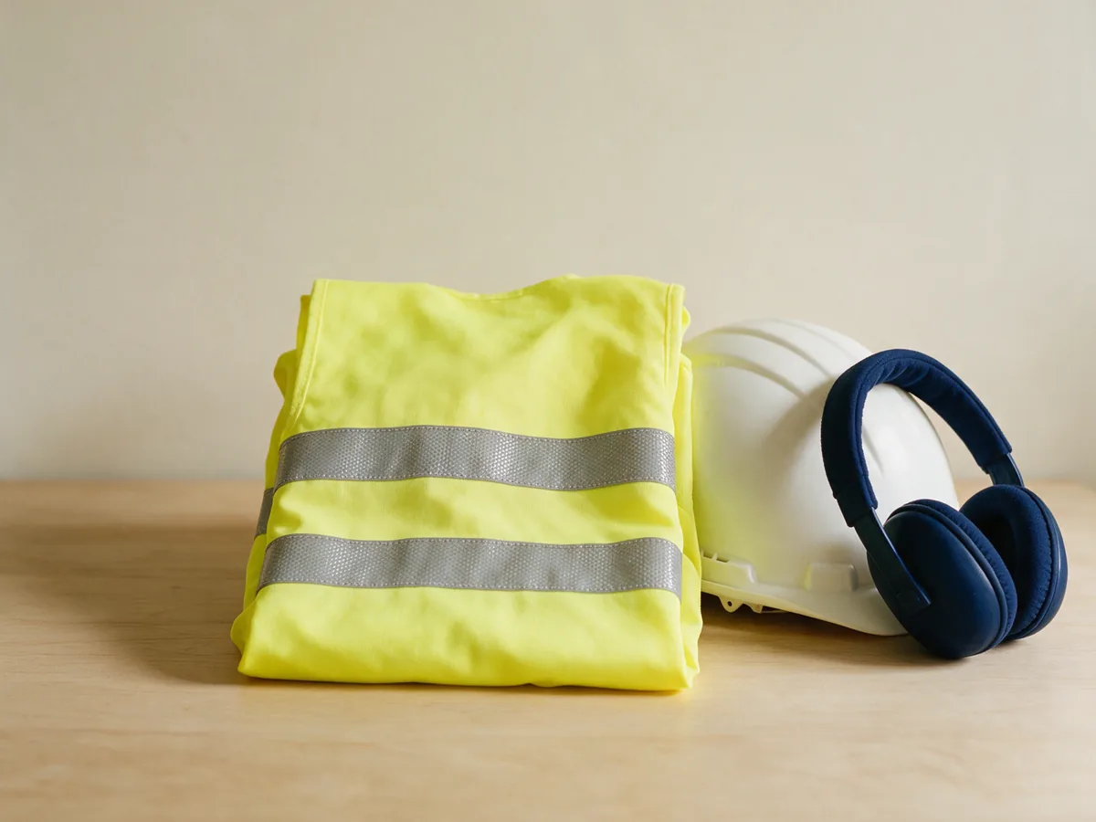 Folded yellow hi-vis vest, white safety helmet and navy ear defenders on a light wooden table