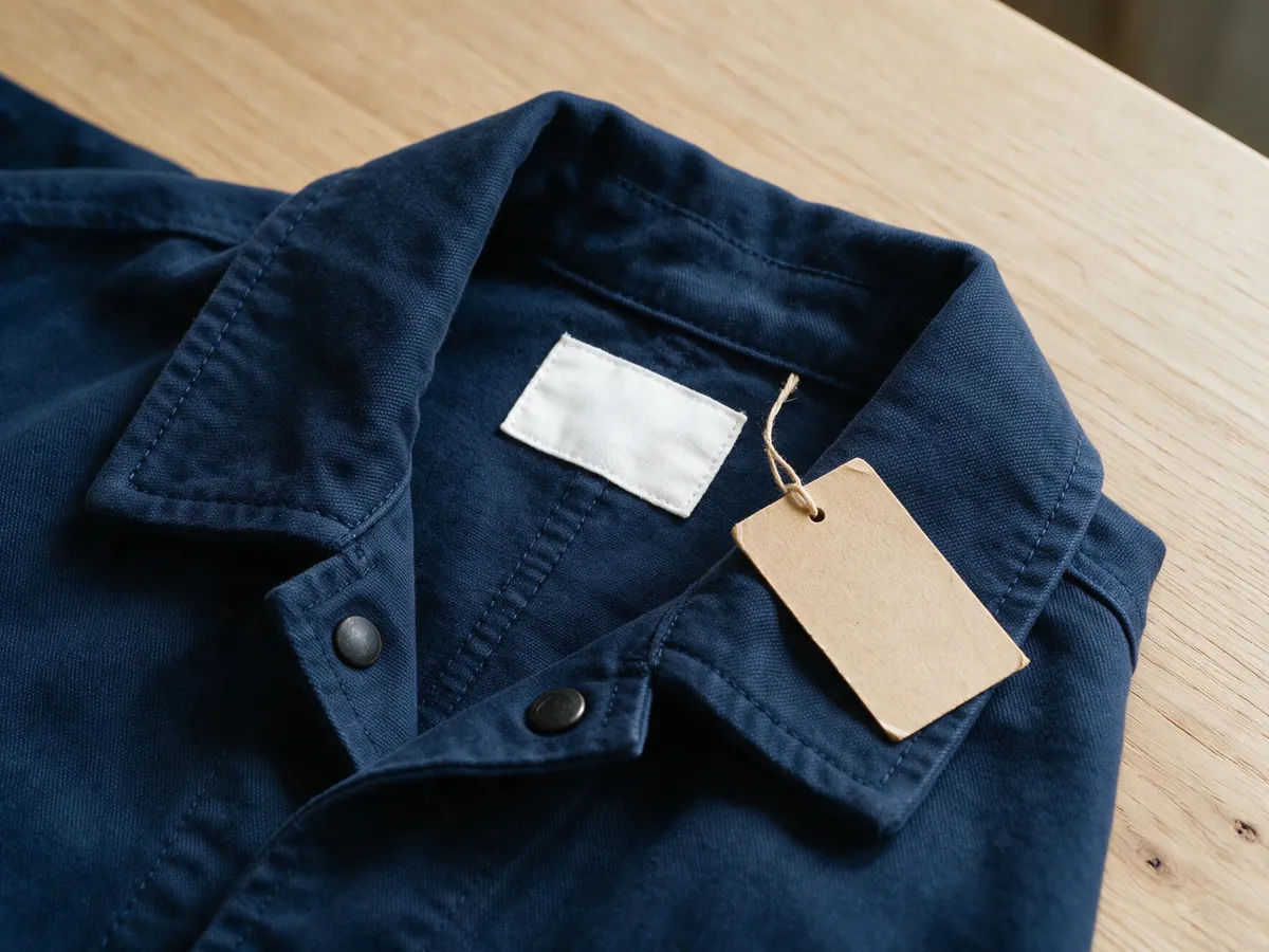 Col d'une veste de travail marine avec une étiquette blanche vierge cousue et une étiquette kraft vierge attachée par une ficelle