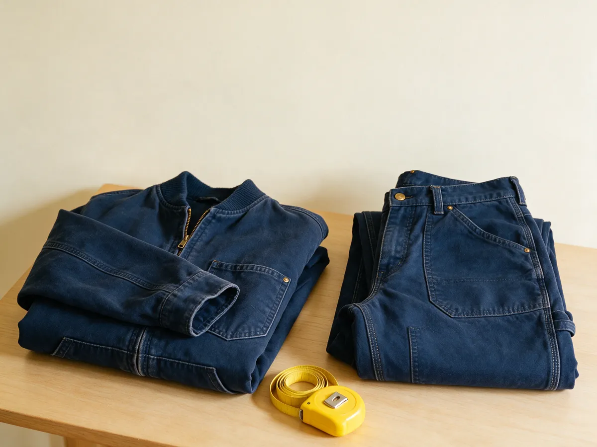 Veste et pantalon de travail marine pliés côte à côte sur une table en bois clair, avec un mètre ruban jaune enroulé