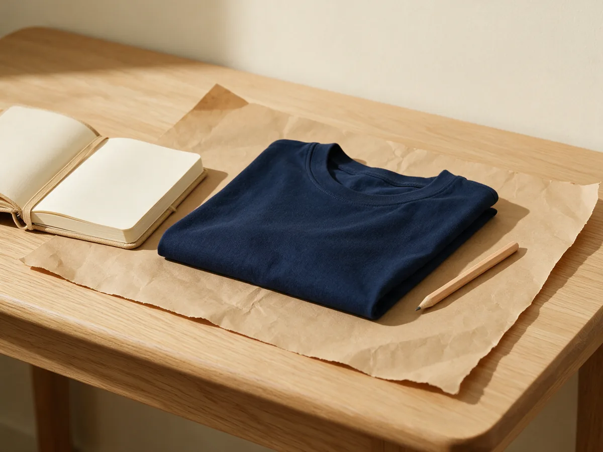 Folded navy T-shirt on a sheet of kraft paper, next to a notebook open on blank pages and a wooden pencil, on a light wooden table