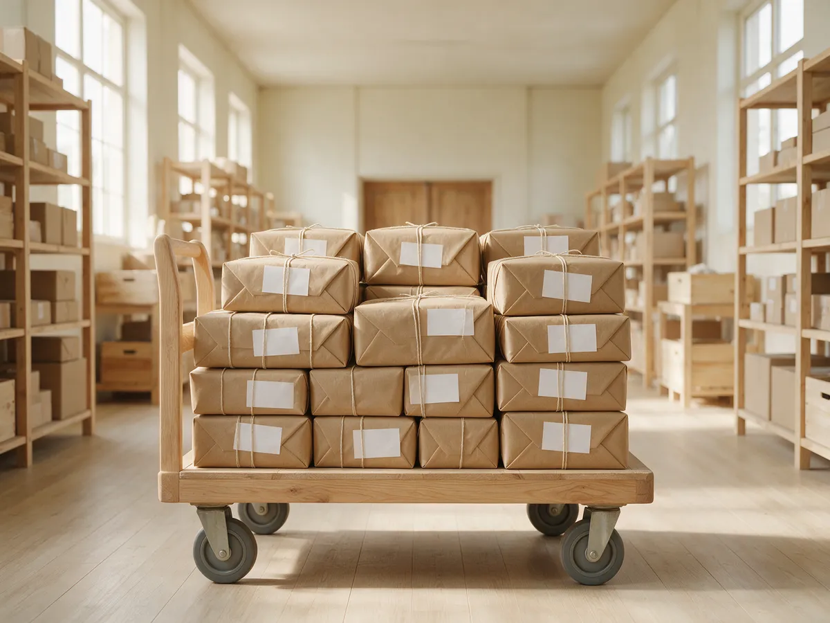 Wooden trolley loaded with identical kraft parcels with blank labels in a bright warehouse aisle