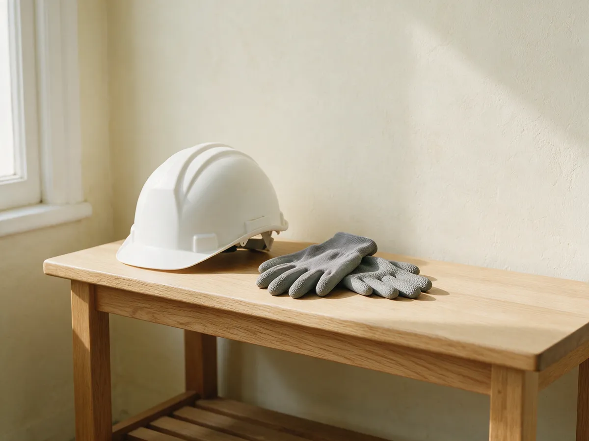 White safety helmet and a pair of grey work gloves on a wooden bench