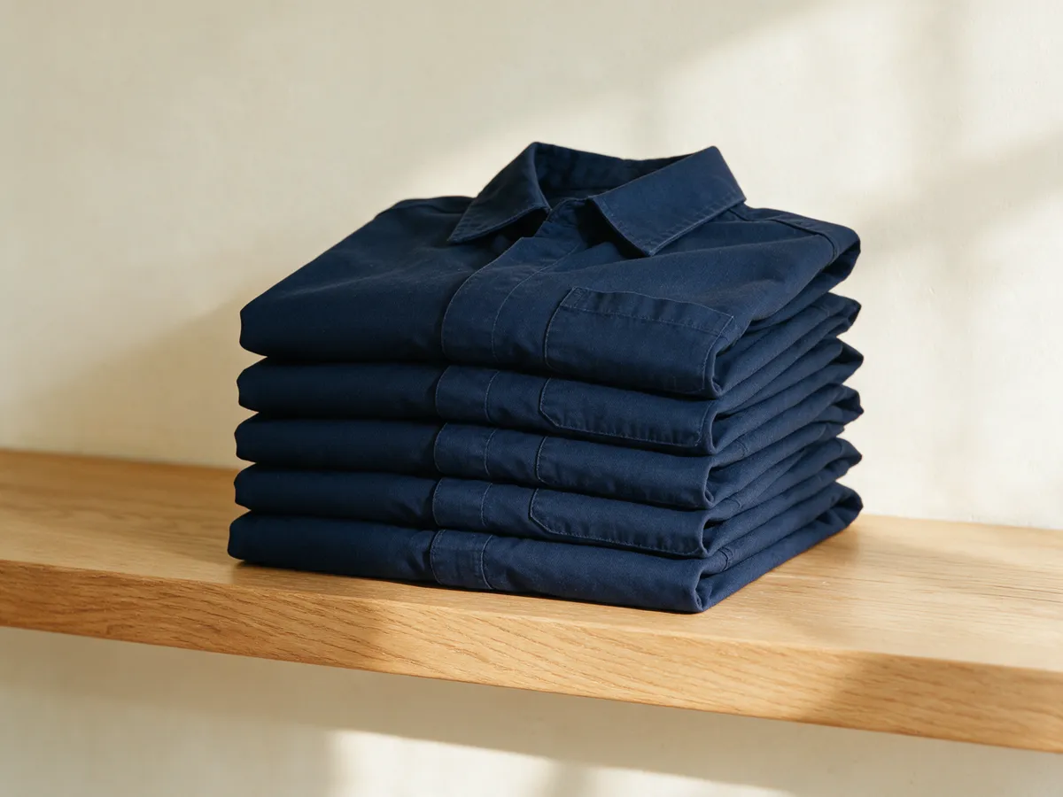 Stack of folded navy work shirts on a light wood shelf