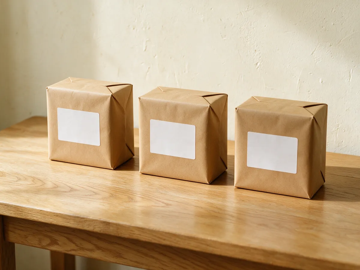 Three kraft parcels in a row, each with a blank white label
