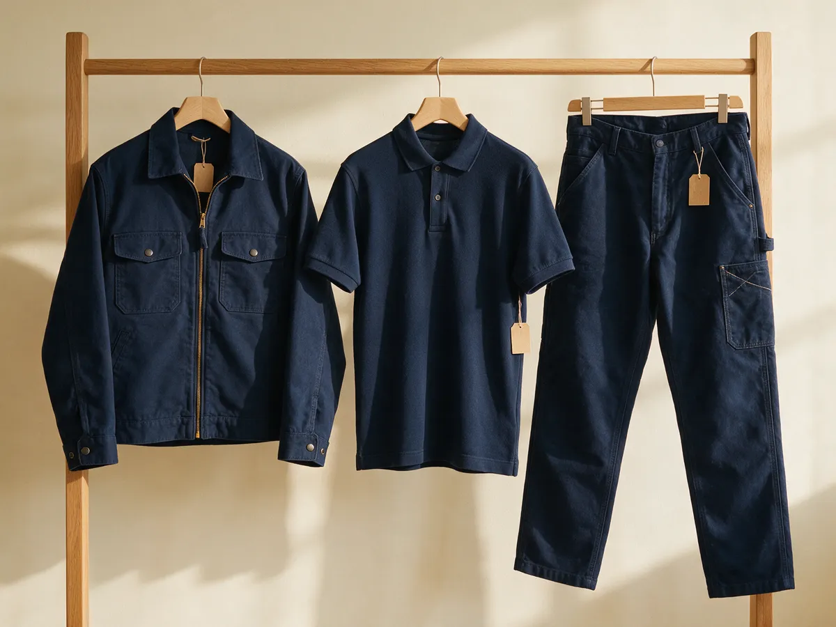Veste, polo et pantalon de travail marine, chacun sur son cintre avec une étiquette kraft
