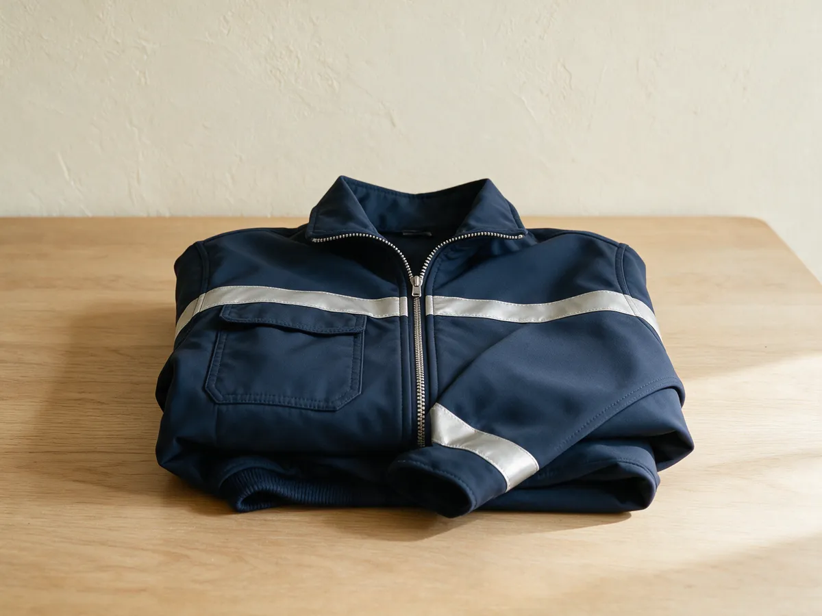Veste softshell marine à bandes réfléchissantes, pliée sur une table en bois clair