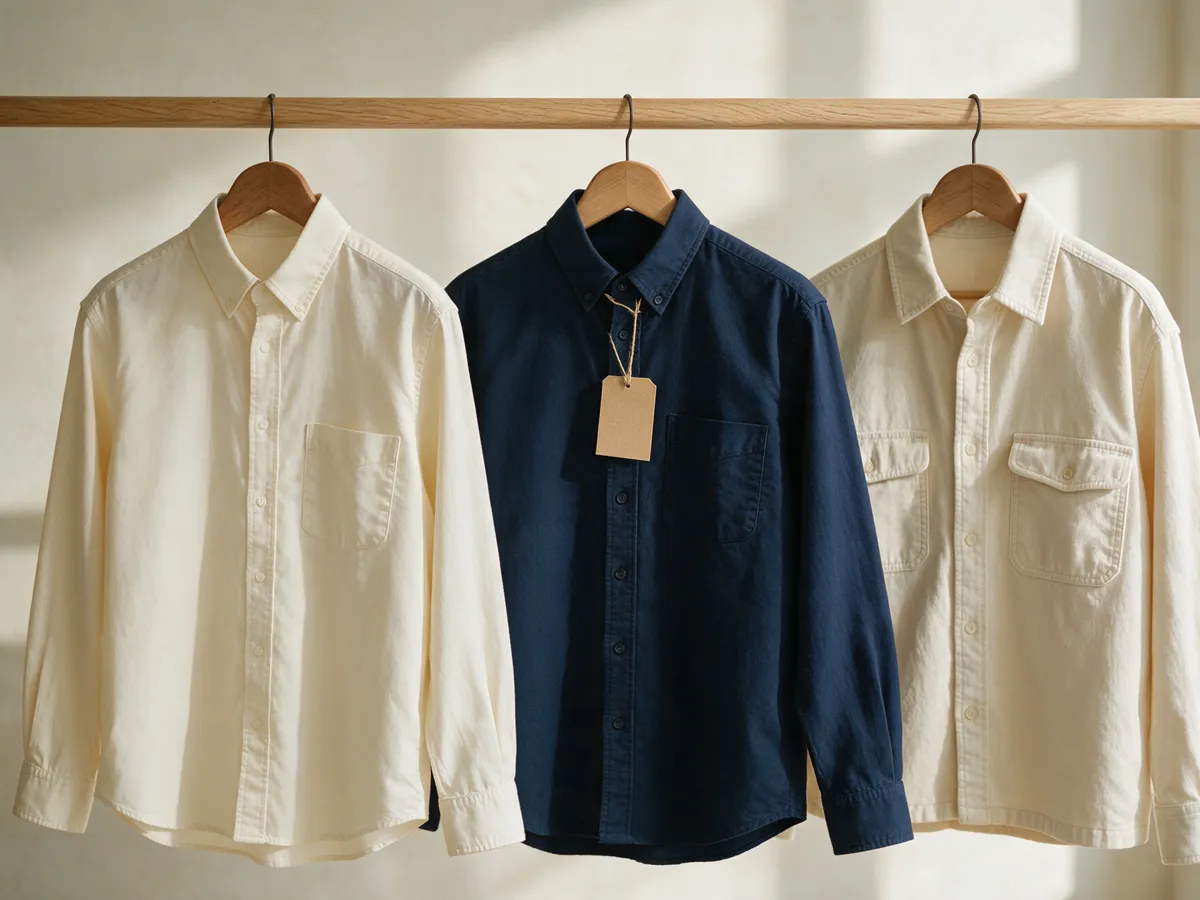 Three spaced shirts on oak hangers, a blank kraft tag on the navy shirt