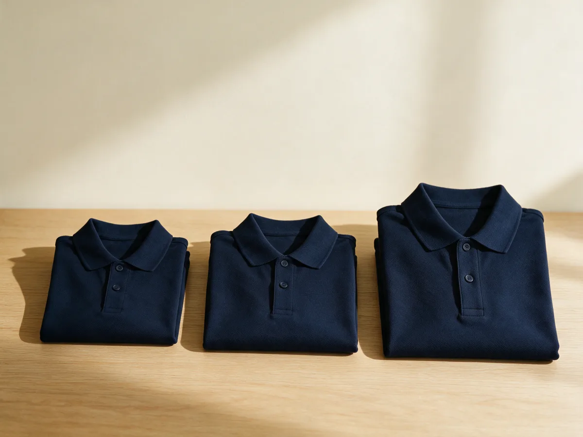 Three folded navy polo shirts side by side, from smallest to largest, on a light wooden table