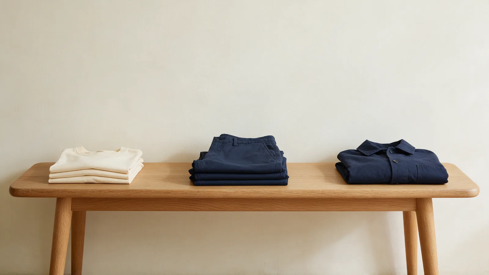 On an oak bench, three separate clothing families: folded cream T-shirts, navy trousers and a navy jacket