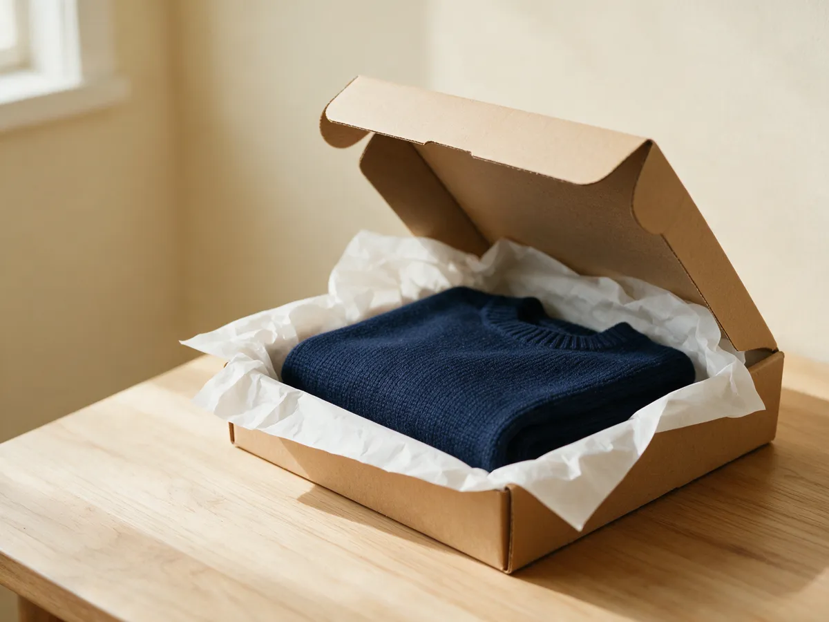 Colis kraft ouvert contenant un tricot marine plié dans du papier de soie