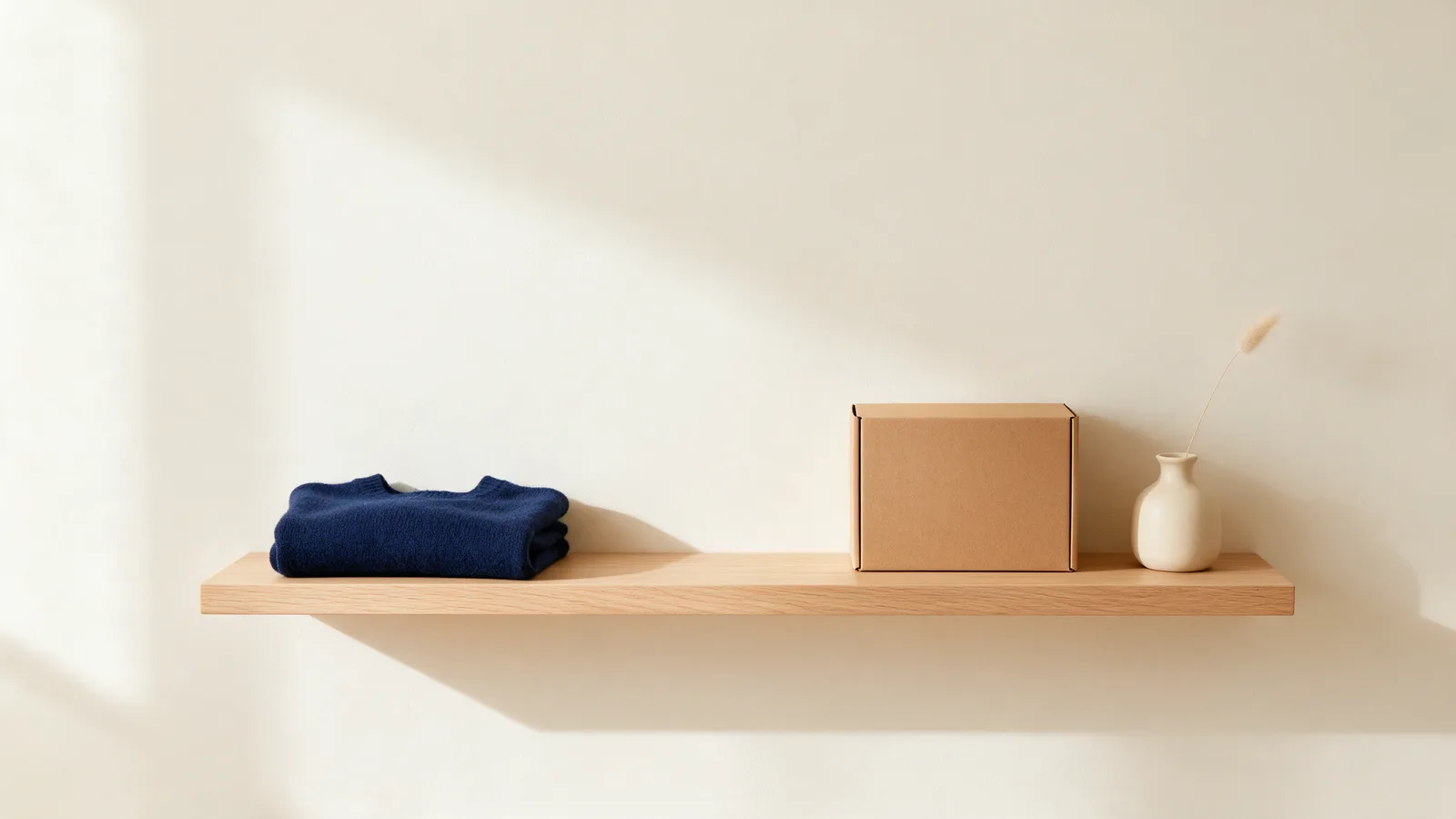 Étagère murale en chêne presque vide : un pull marine plié, une boîte kraft et un petit vase