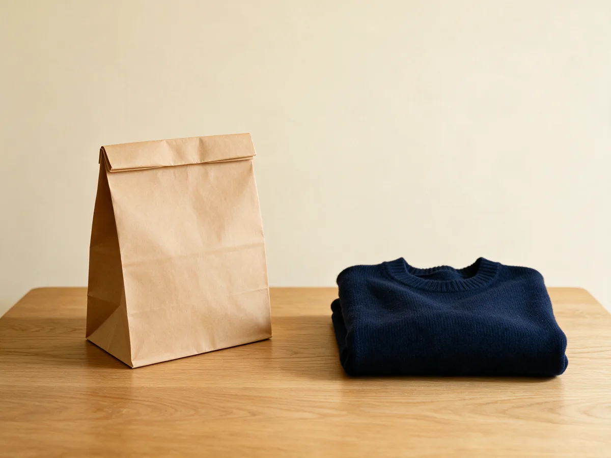 Un sac en papier kraft fermé et un pull marine plié sur une table en bois clair