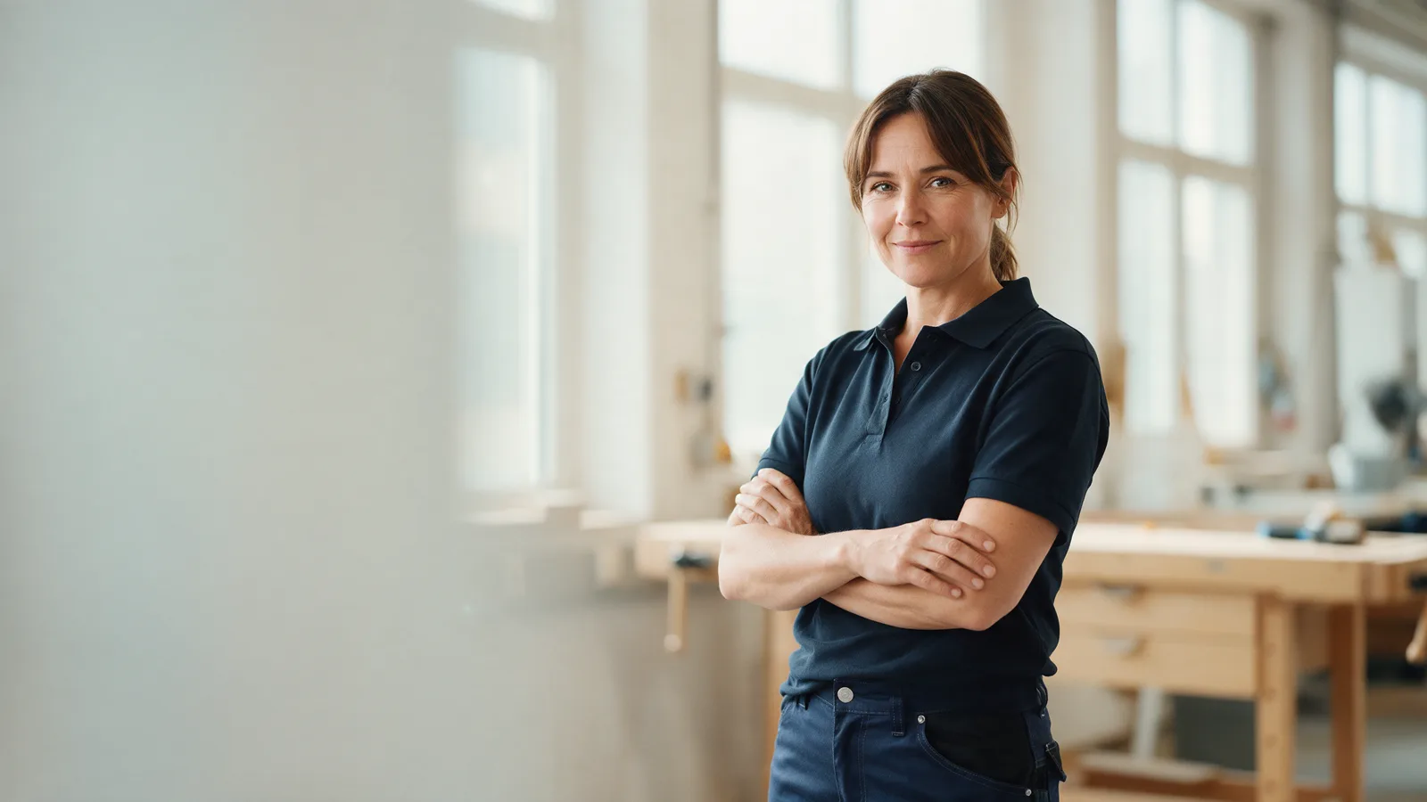 Une femme en polo de travail marine dans un atelier lumineux