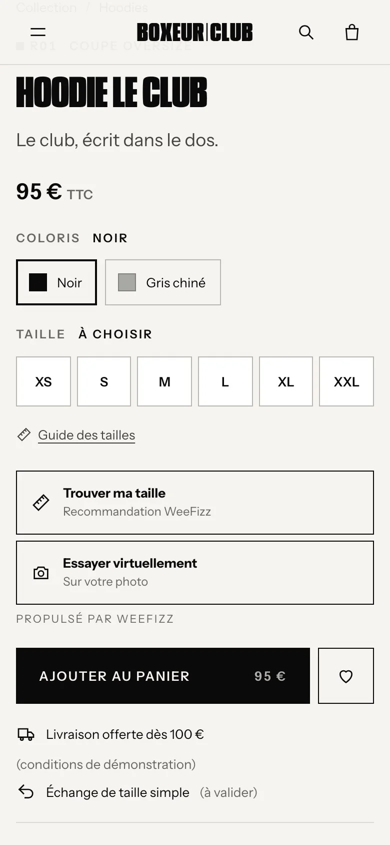 Mobile product page with the WeeFizz widget's Find my size button