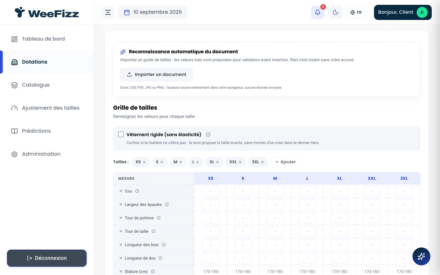 Importing a size chart with automatic document recognition