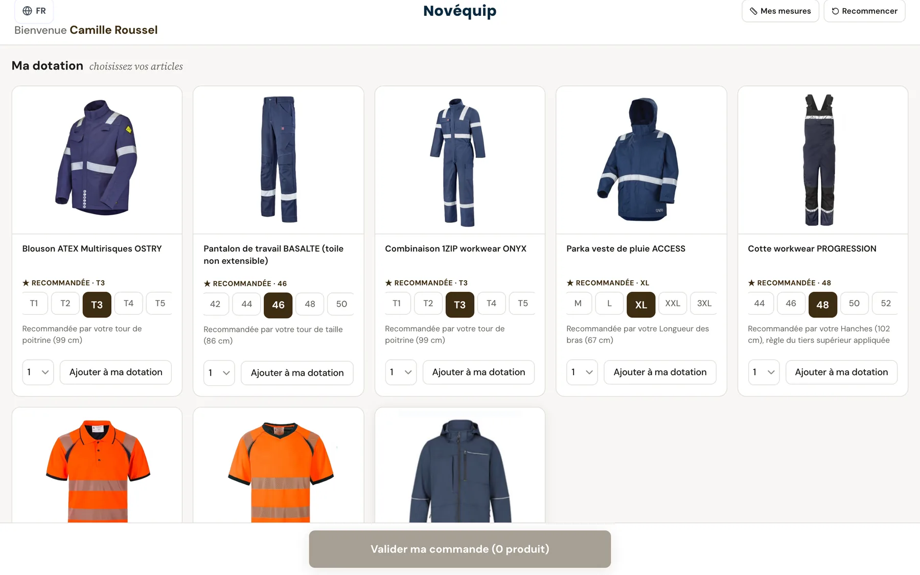 Wearer mini-site: allocation with the recommended size for each item