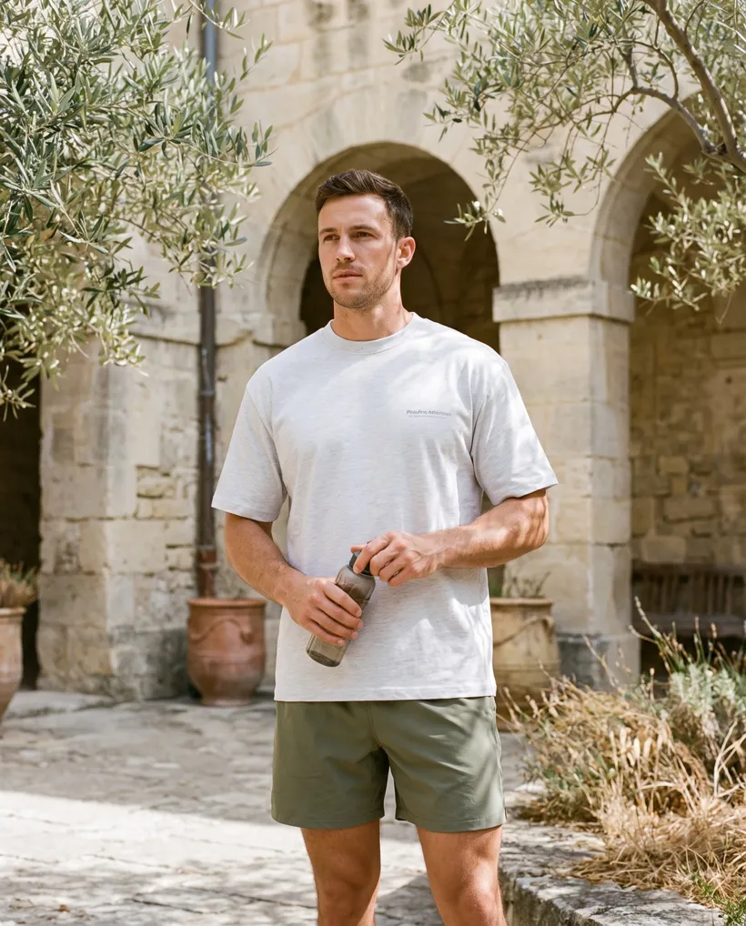 Heavy T-shirt gris chiné porté : le calme du sud