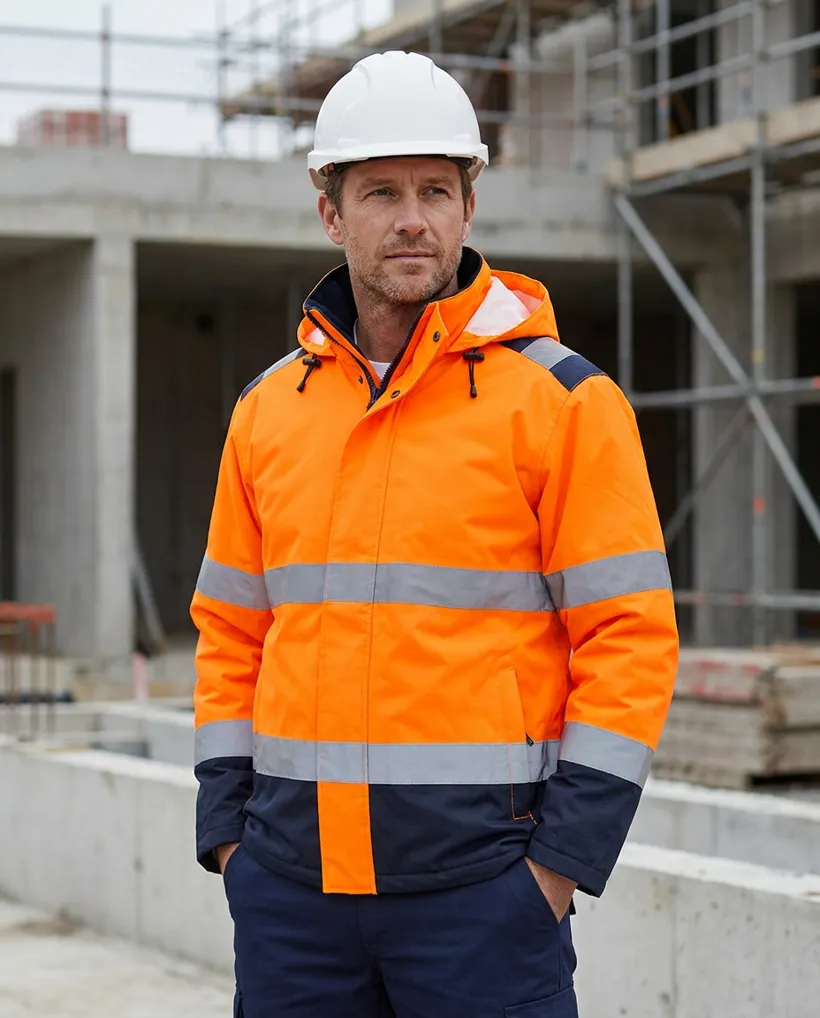 Parka haute visibilité orange fluo / marine porté : sur le chantier
