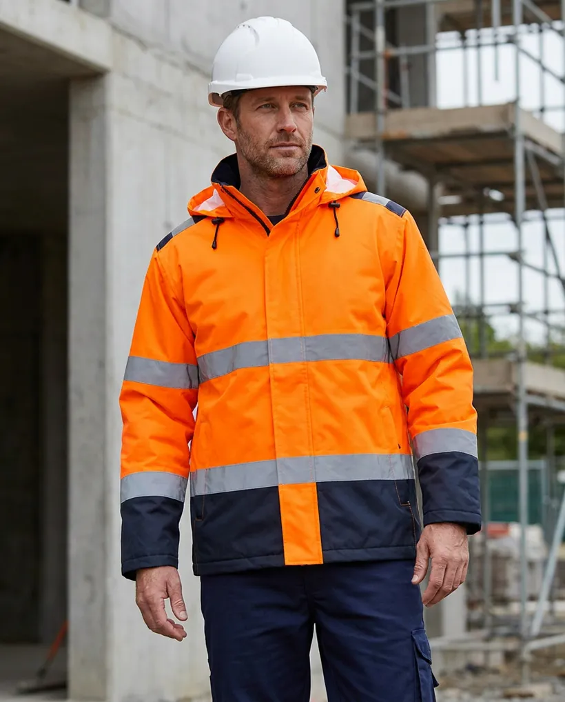 Parka haute visibilité orange fluo / marine porté : visible de loin
