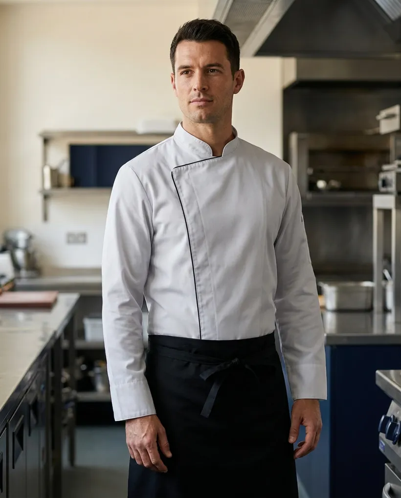 Veste de cuisine blanc, liseré noir porté : prêt pour le service