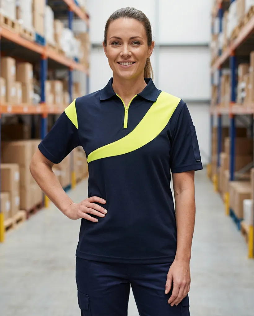 Polo haute visibilité marine / jaune fluo porté : prête pour la journée