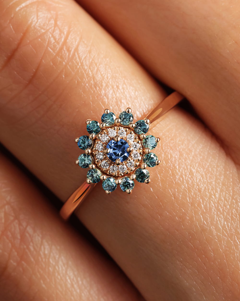 Bague Or rose Saphir de Ceylan et Saphirs Teal Mini Lefkos Camaïeu 3