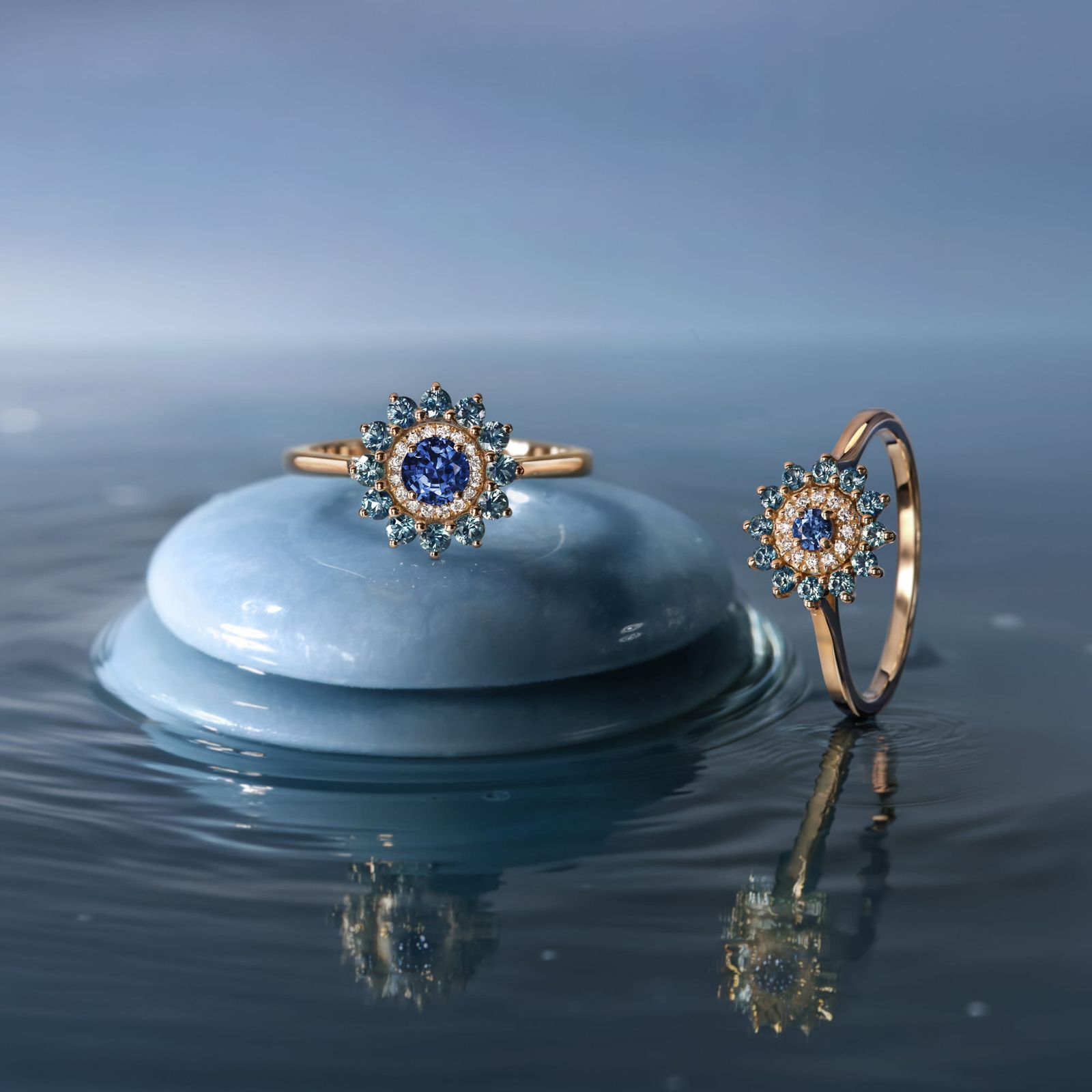 Bague Or rose Saphir de Ceylan et Saphirs Teal Mini Lefkos Camaïeu 4