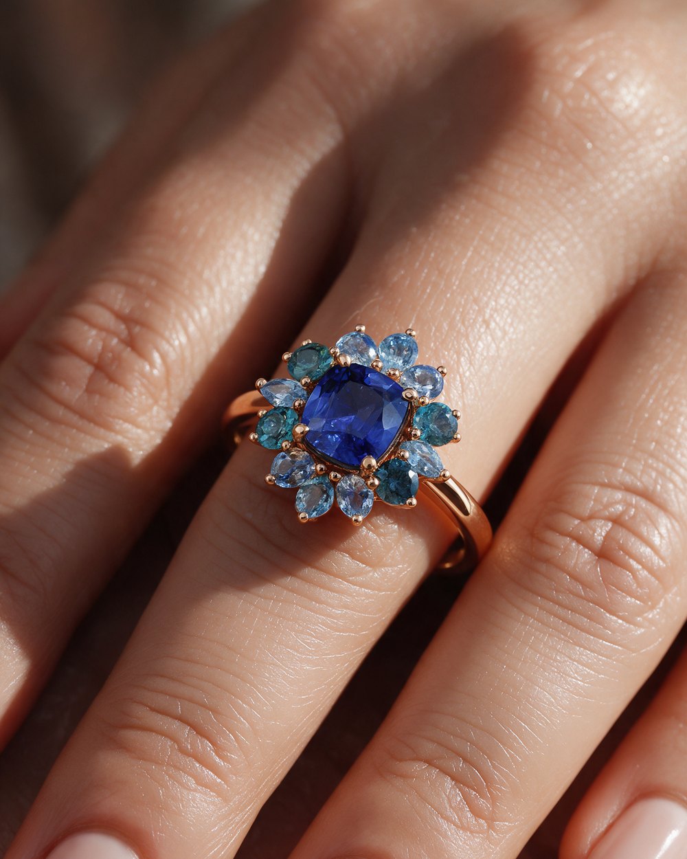 Bague Or rose Saphir de Ceylan et Saphirs Teal Lefkos 4 mm Camaïeu 1