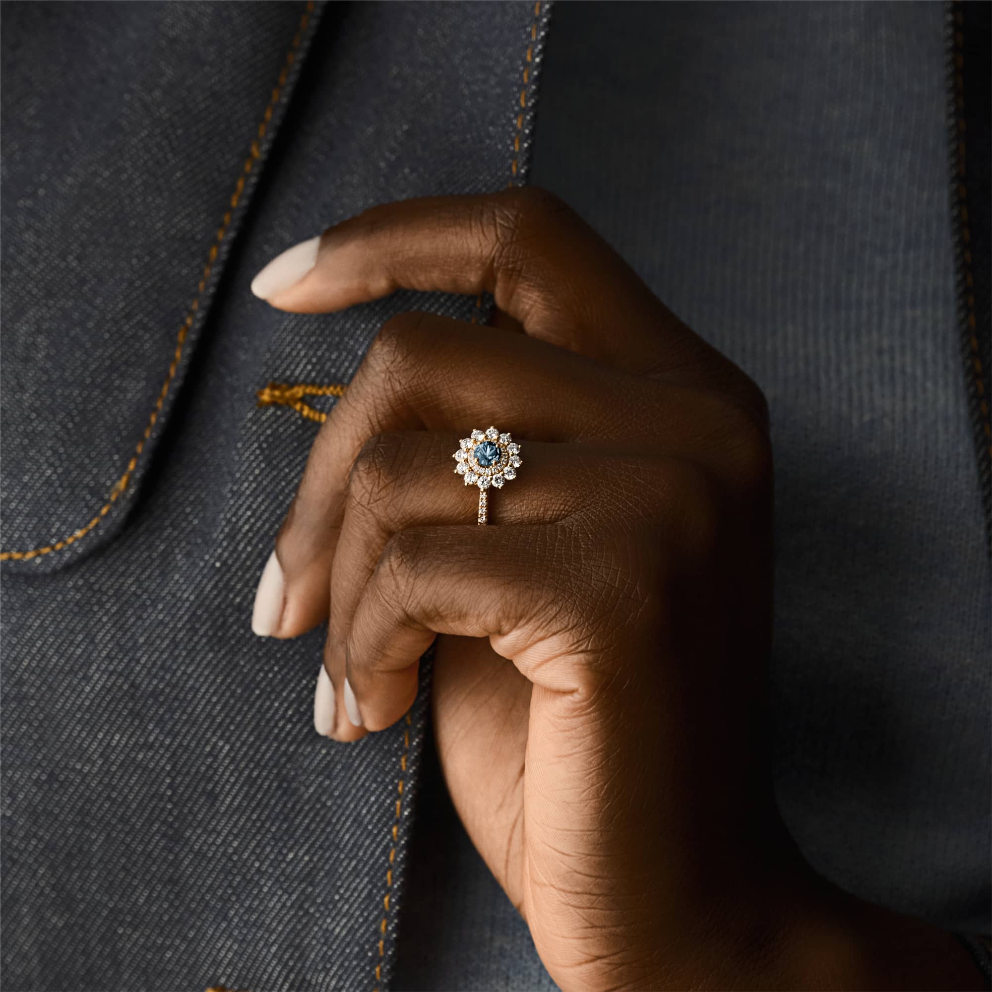 Bague Or rose Saphir Bleu Gris et diamants Lefkos 4 mm Pavée 4