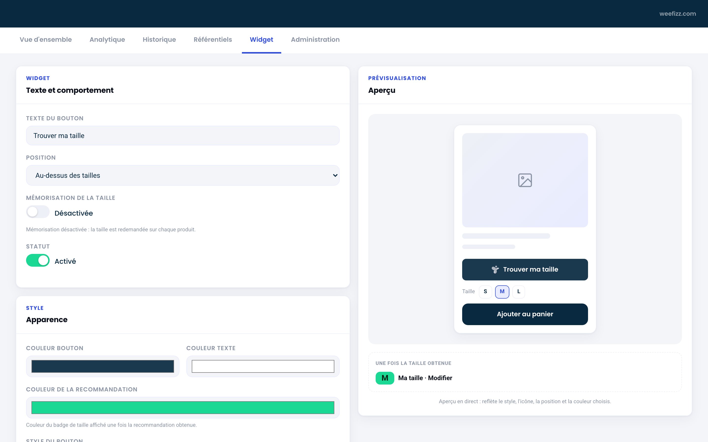 Réglages du widget : texte du bouton, position, mémorisation, couleurs, avec un aperçu en direct de la fiche produit