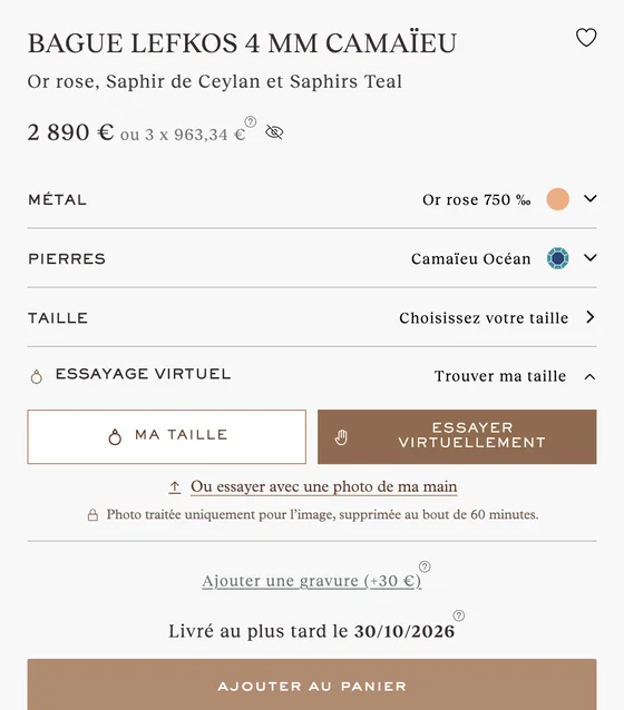 Bloc d’options d’une fiche : métal, pierres, taille, puis la ligne Essayage virtuel, et Ajouter au panier