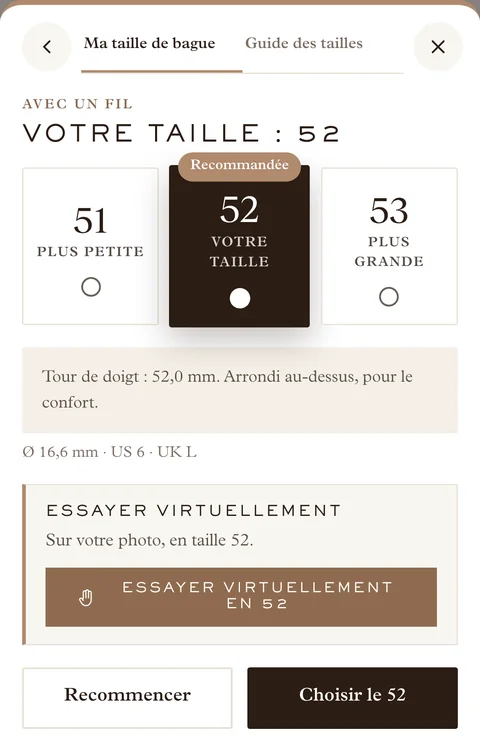 Le widget sur mobile : votre taille, 52, recommandée