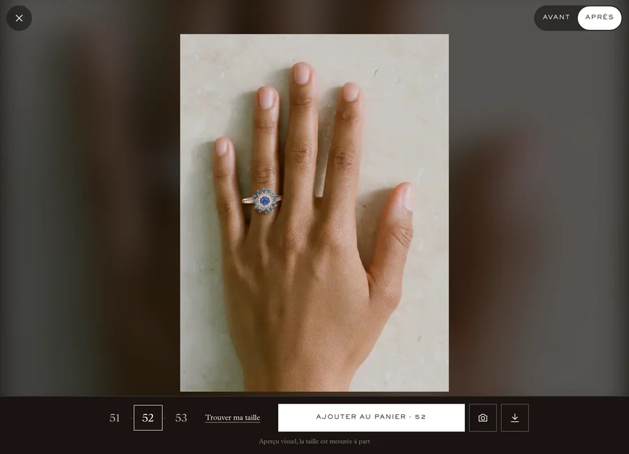 Essayage sur ordinateur : la bague portée en grand, tailles 51 52 53, Ajouter au panier en 52
